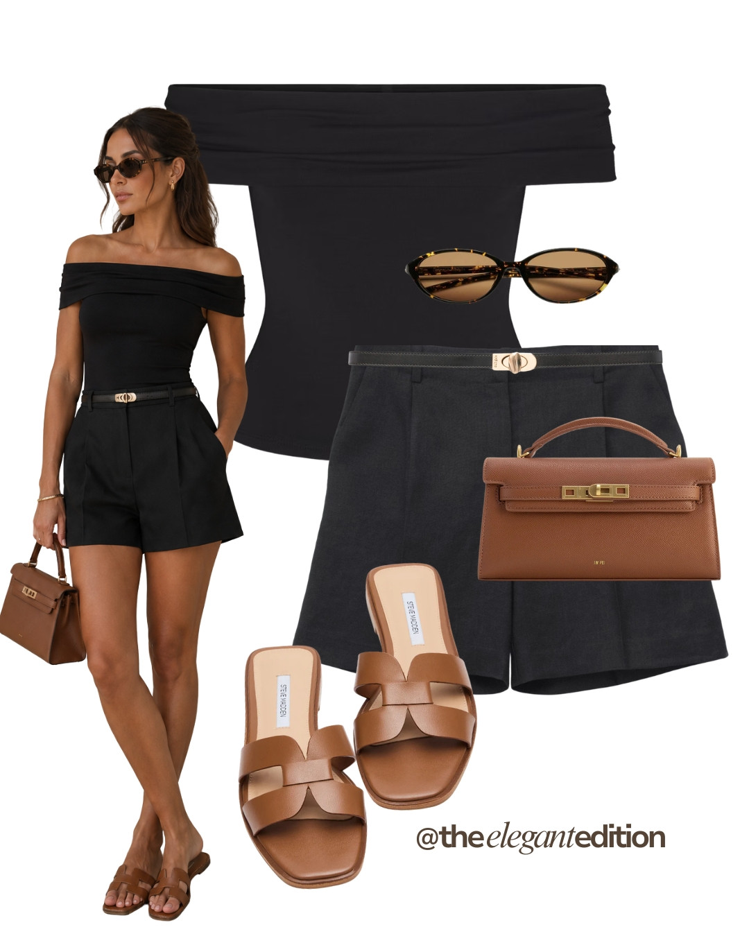 OFF-SHOULDER TOP & TAILORED SHORTS 🤍 — Black off-shoulder top, black tailored shorts with belt, brown top-handle mini bag and brown woven slide sandals.
#summeroutfit #oldmoney #LTKsummer #LTKstyletip 

 #LTKeurope #LTKsummer #LTKstyletip