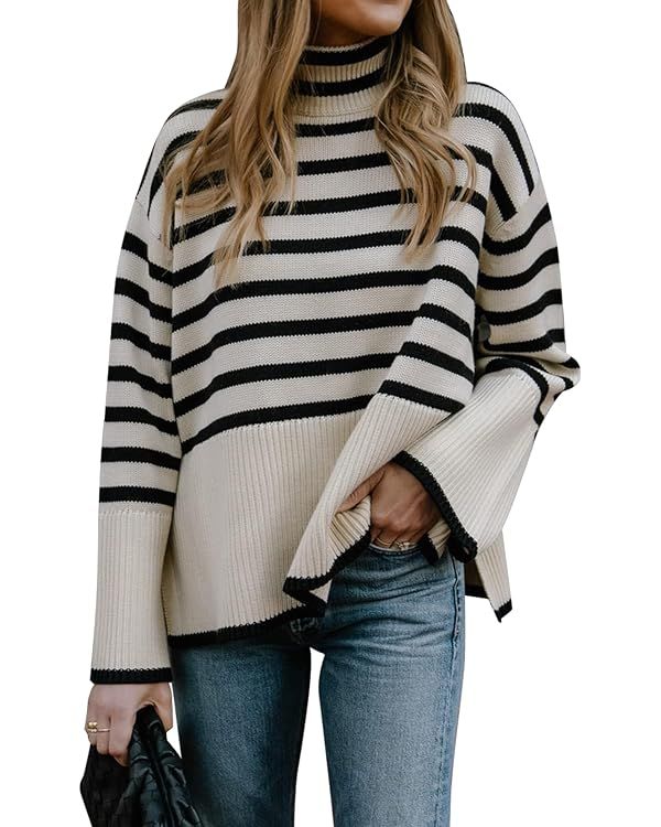 Gyrans 2023 Women's Long Sleeve Striped Sweater Turtleneck Casual Loose Side Split Ribbed Knit Ov... | Amazon (US)