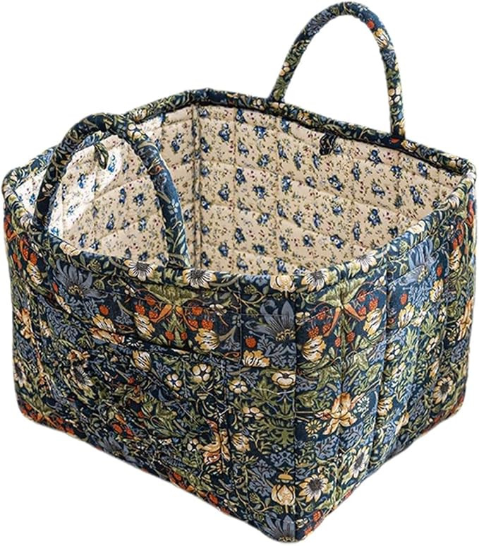 Quilted Fabric Storage Basket with Handles – Boho Foldable Floral Organizer Bin for Home, Picni... | Amazon (US)