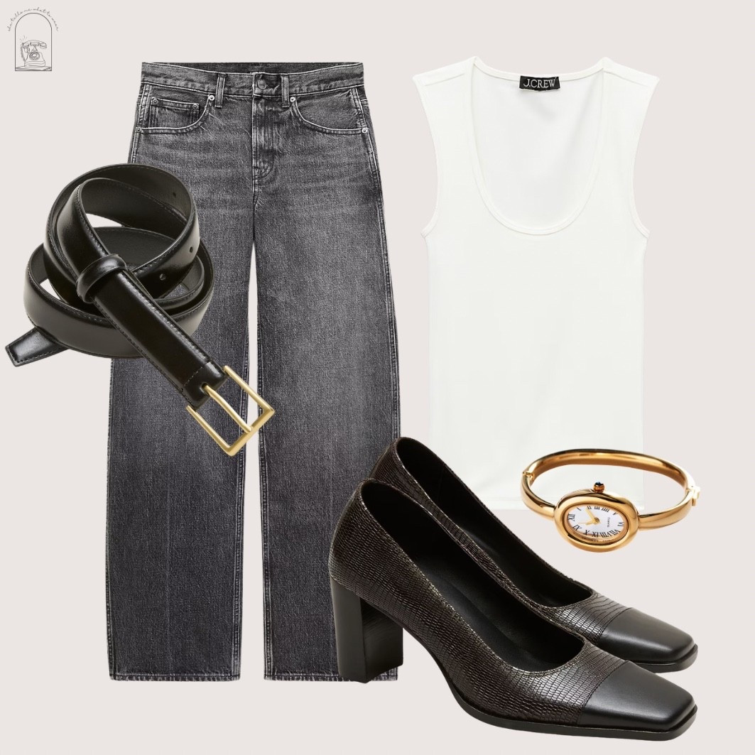 today’s outfit: dark denim, white scoop neck tank, unique oval watch, chunky black heels, slick black belt to pull it together

#LTKCon #LTKootd #LTKgrwm
