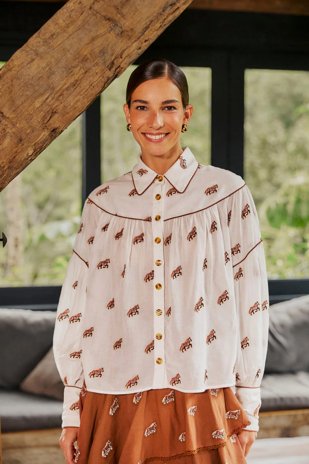 Off-White Embroidered Horses Blouse | FarmRio (US)
