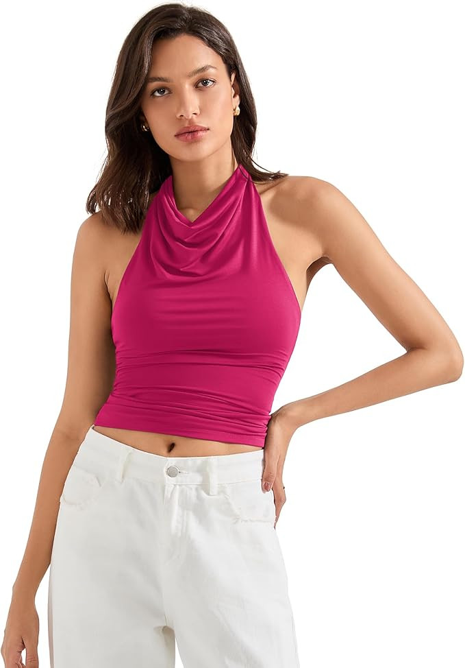 SUUKSESS Women Halter Backless Tank Tops Sexy Cowl Neck Summer Going Out Cami Tops | Amazon (US)