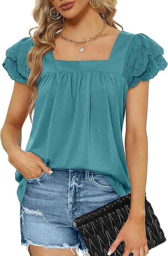 WIHOLL Shirts for Women Dressy Casual Square Neck Lace Short Sleeve Summer Tops | Amazon (US)