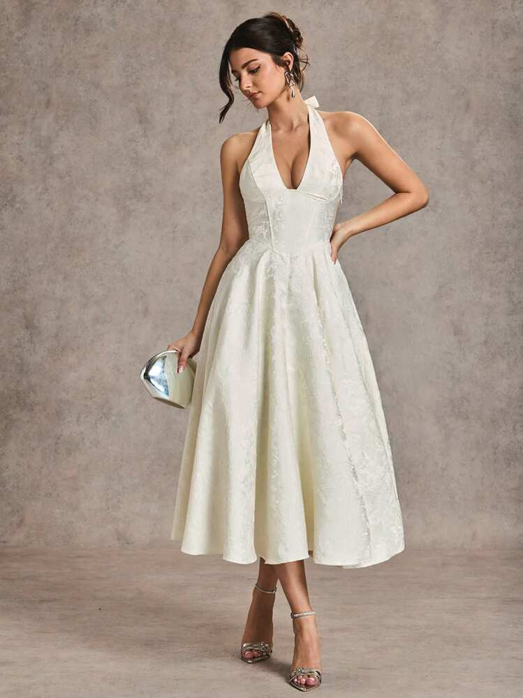 SHEIN BAE Elegant Women's Jacquard Satin Halter Tie-Up Party Dress, Fit For Daily Wear, Dating, O... | SHEIN