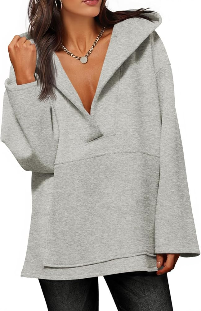 Fisoew Women's Hoodies Oversized Sweatshirts Casual Fleece V Neck Long Sleeve Hooded Loose Fall W... | Amazon (US)