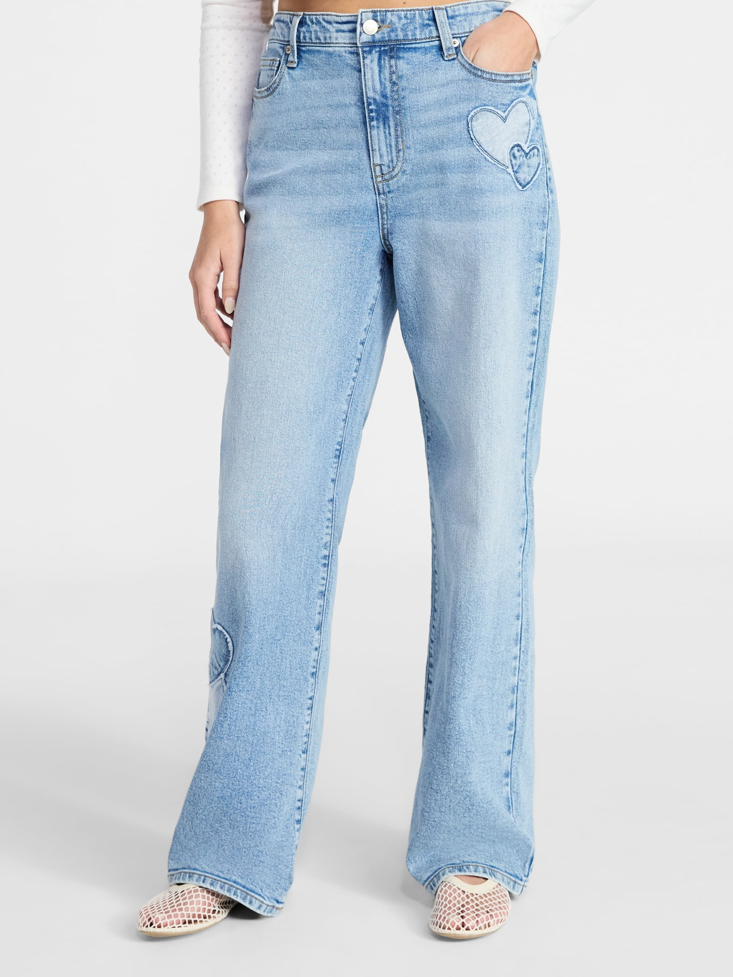 No Boundaries High Rise Baggy Wide Leg Jeans with Heart Patch, 32'' Inseam, Women’s and Women's... | Walmart (US)