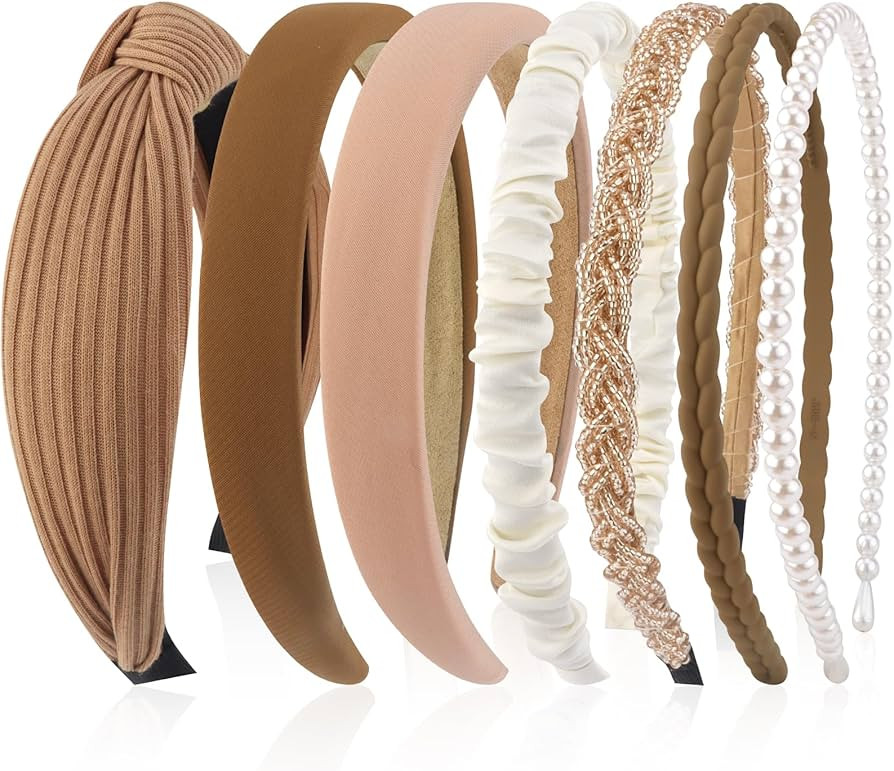 VELSCRUN 7 Pcs Different Headbands for Women Fashion Brown Knotted Solid Head Bands Pearl Headban... | Amazon (US)
