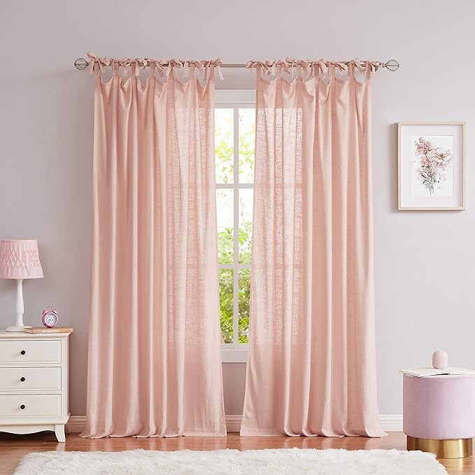 Central Park Coral Pink Tie Top Curtain Semi Sheer Window Treatment Linen Textured Decorative for... | Amazon (CA)