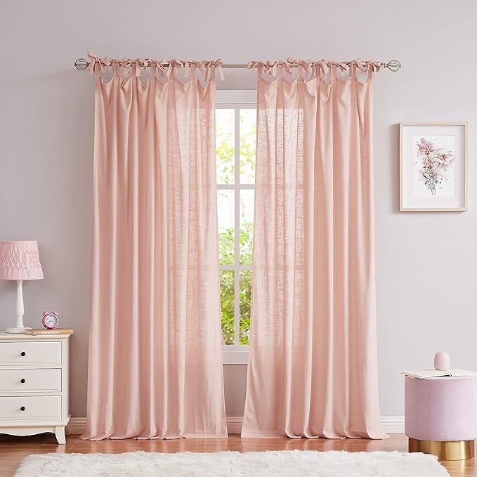 Central Park Coral Pink Tie Top Curtain Semi Sheer Window Treatment Linen Textured Decorative for... | Amazon (CA)