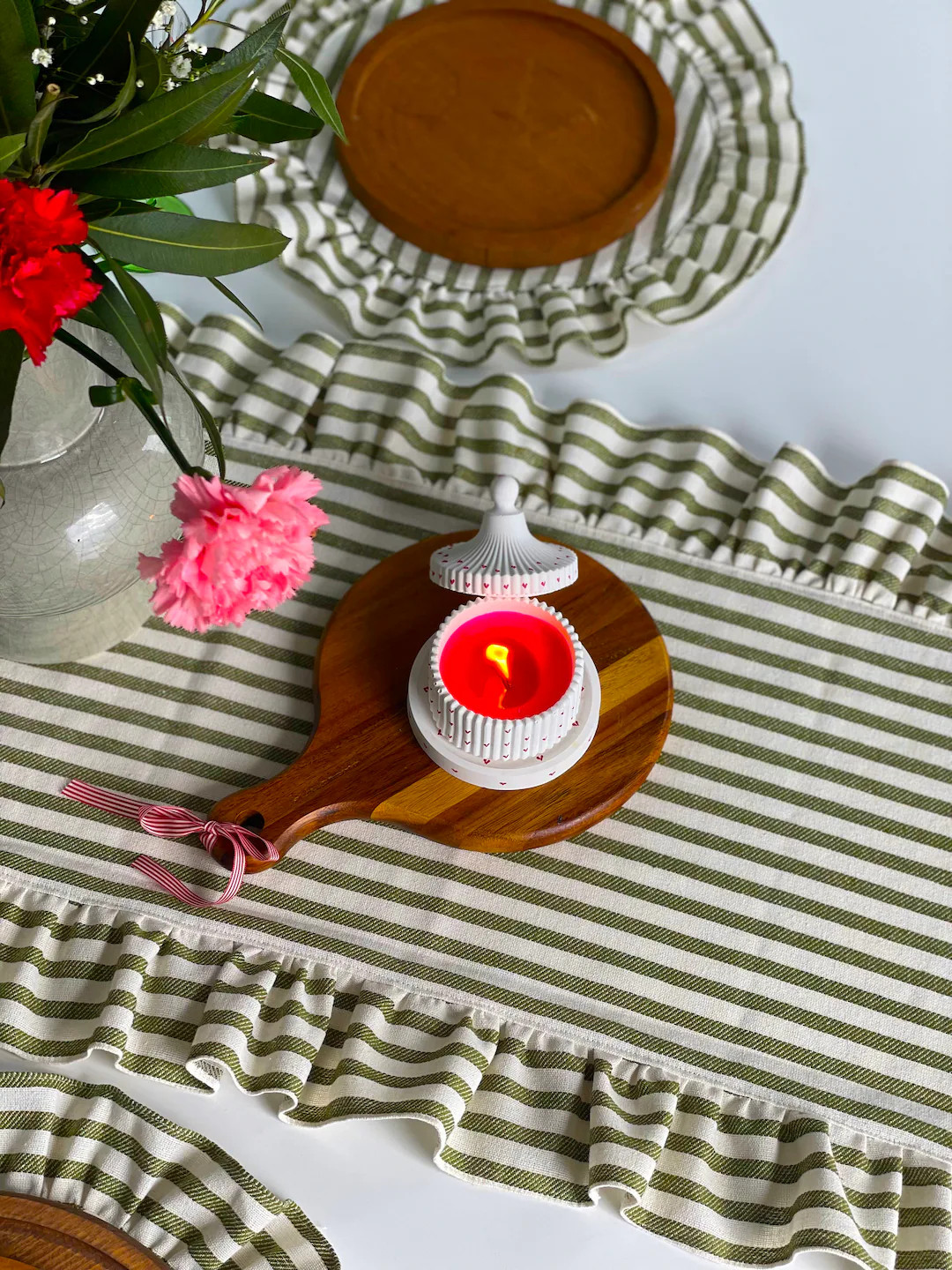 Green Stripe Vintage Linen Tablerunner With Ruffle, Green Stonewashed Linen Tablerunner, Natural ... | Etsy (US)