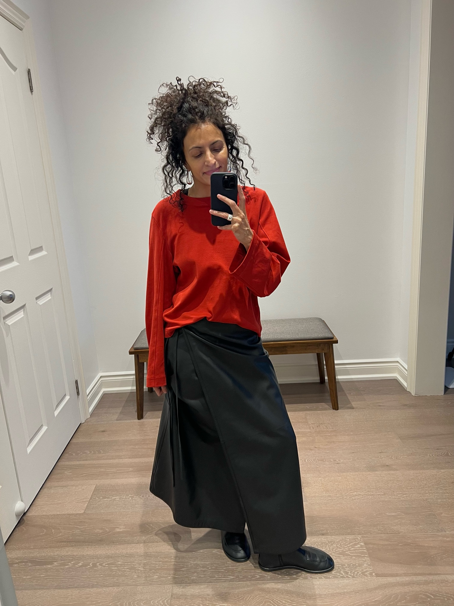 Took xs in the top, small in the skirt.  The Row Canal boots sold out. 