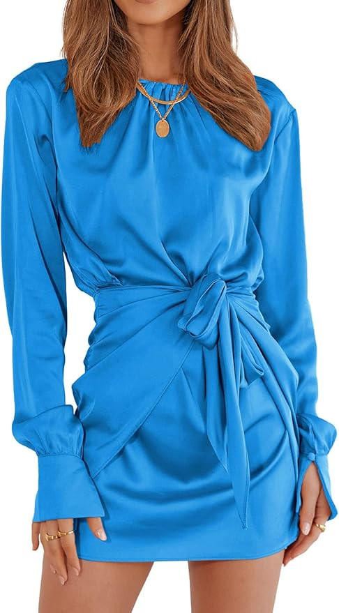 PRETTYGARDEN Women's 2022 Fall Satin Dress Long Sleeve Tie Waist Elegant Cocktail Party Mini Dres... | Amazon (US)