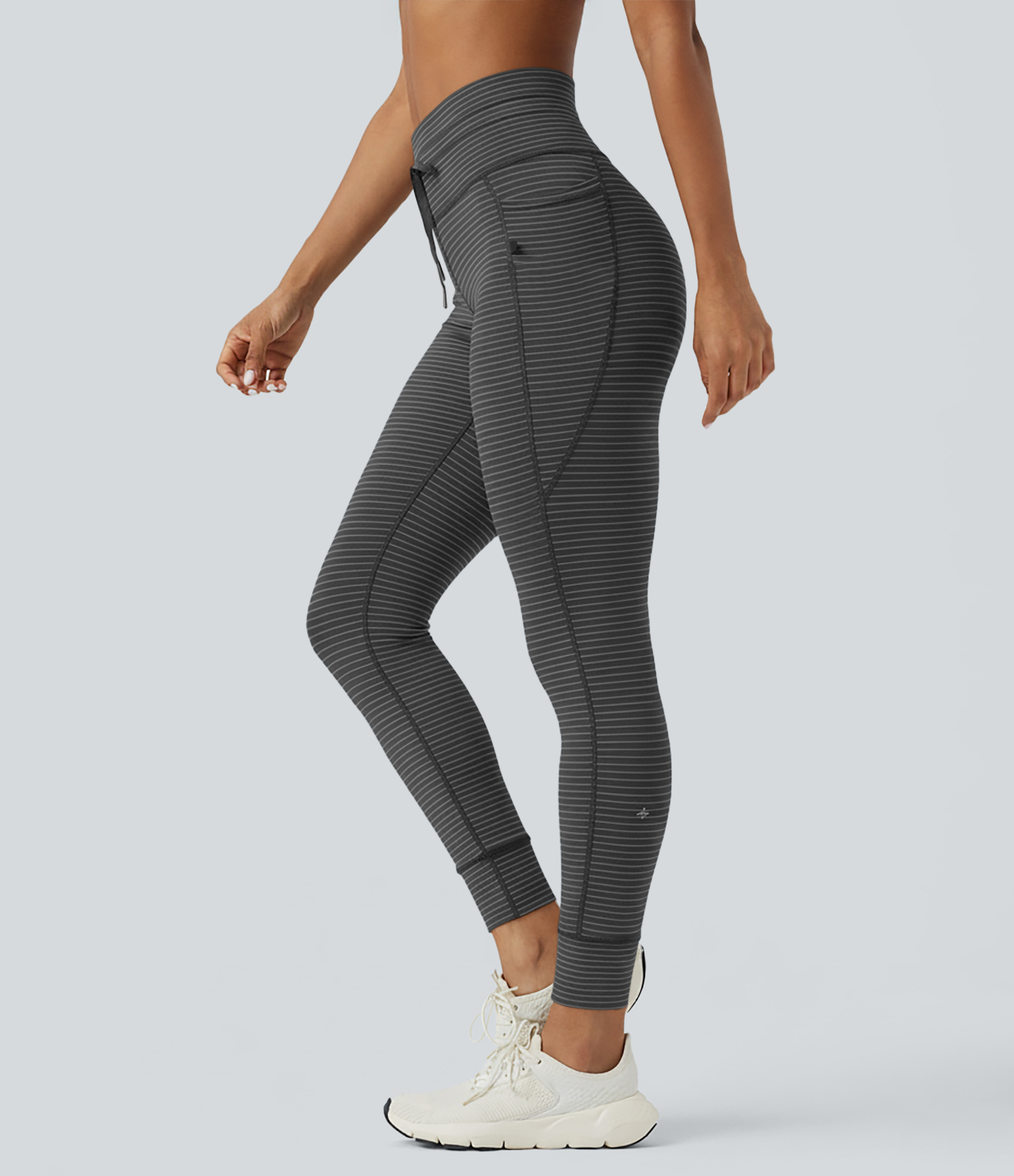 Halara High Waisted Drawstring Striped Yoga Leggings with Pockets - Iron Gray - XL(7/8) gym leggings leggings with pockets | HALARA