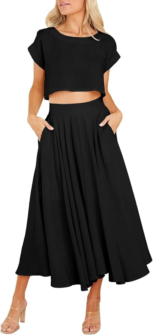 Women's Summer Two Piece Outfits Midi Dress Pleated Crop Top Flowy Flare Skirts Sets Casual Solid... | Amazon (US)