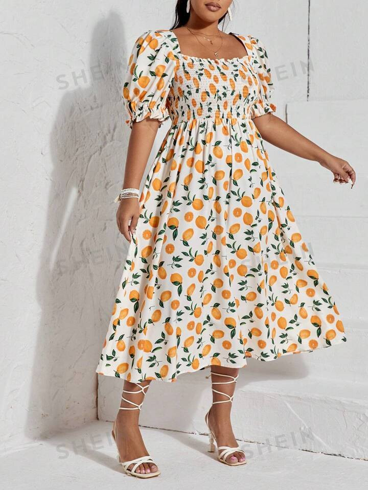 SHEIN WYWH Plus Fruit Print Square Neck Puff Sleeve Dress | SHEIN
