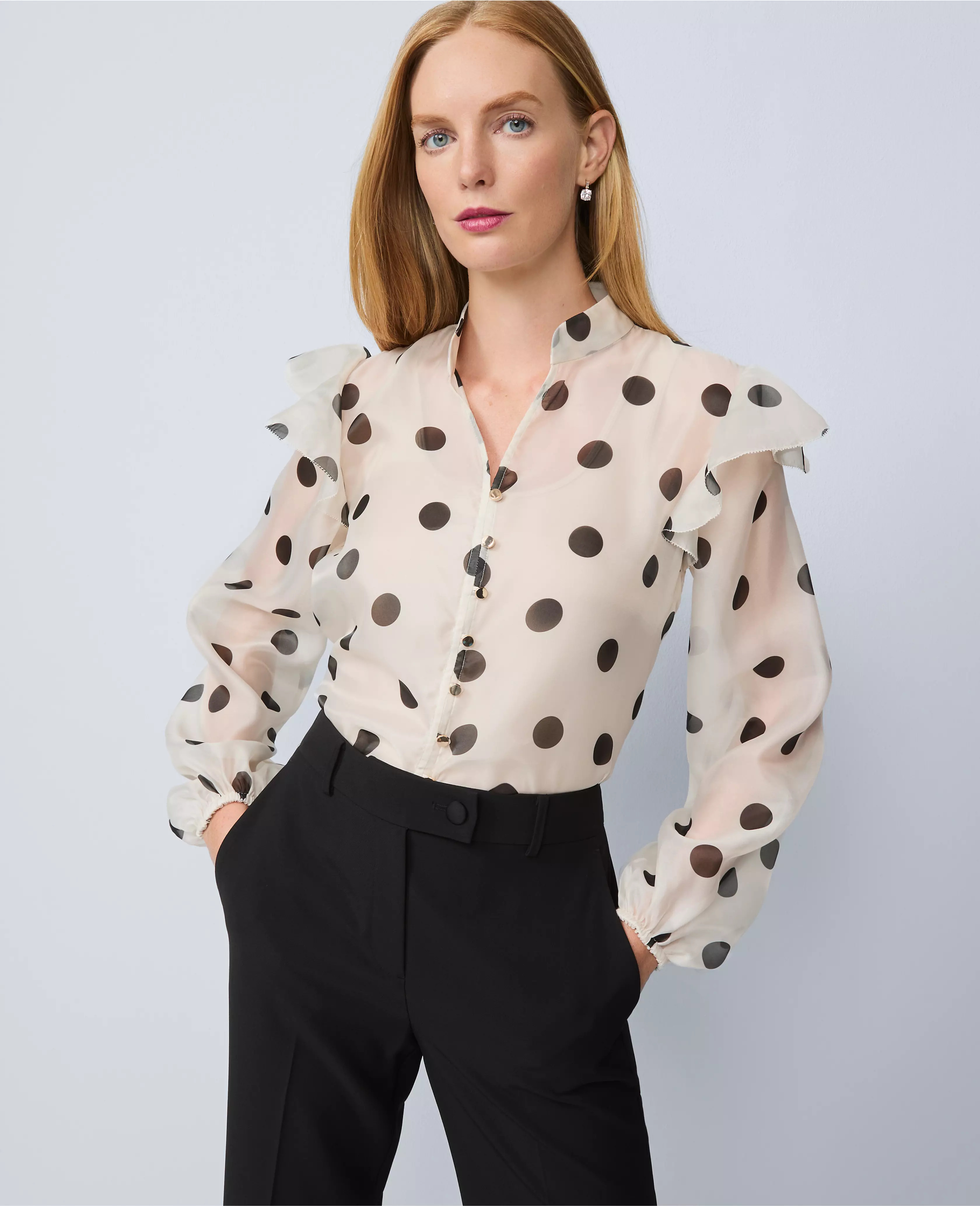 Petite Dotted Ruffle Trim Blouse | Ann Taylor