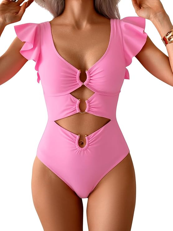 B2prity Women One Piece Swimsuit Ruffle Sleeve V Neck Monokini Cutout Tummy Control Bathing Suit ... | Amazon (US)
