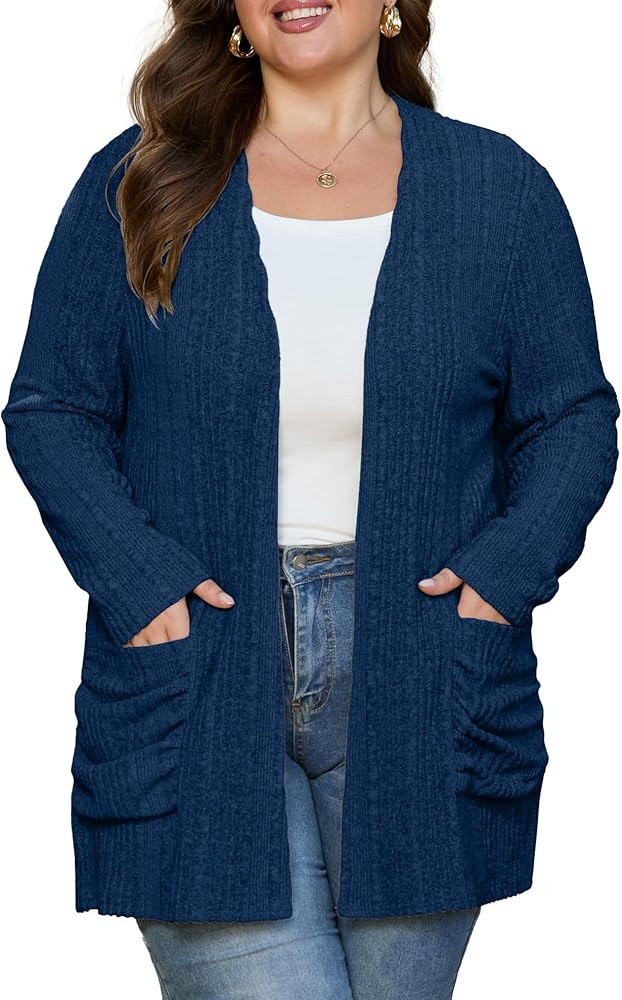 OLRIK Women Plus Size Cardigan Lightweight Knit Sweater Open Front Long Sleeve Stretchy with Pock... | Amazon (US)