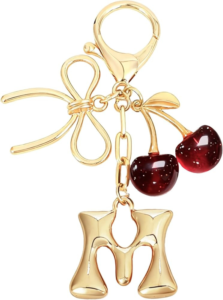Snycler Bubble Initial Keychain with Bow & Cherry - Gold Letter Bag Charms for Women, Cute Purse ... | Amazon (US)