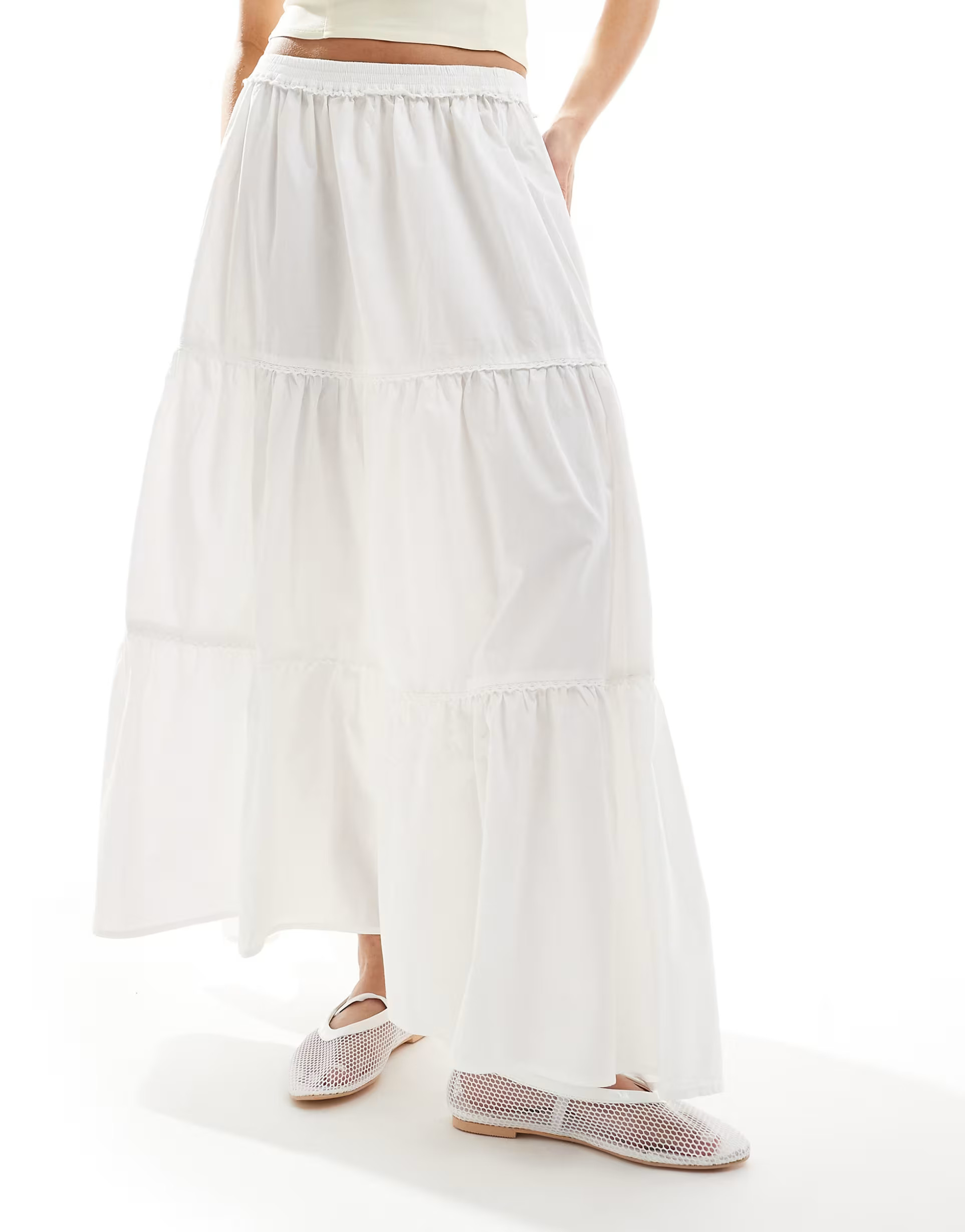 Monki - Maxi rok van popeline katoen met stroken en half elastische taille in wit | ASOS | ASOS (Global)