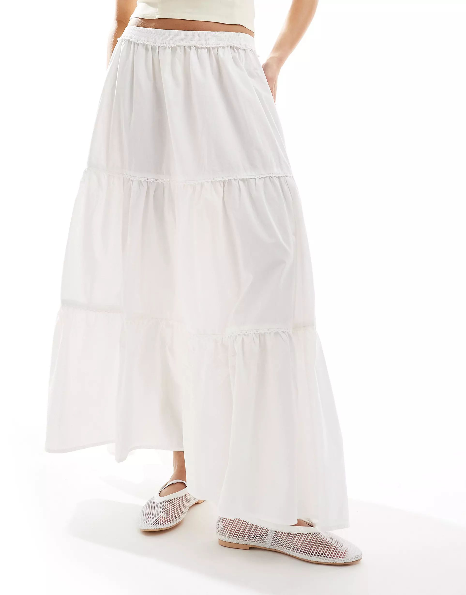 Monki - Maxi rok van popeline katoen met stroken en half elastische taille in wit | ASOS | ASOS (Global)