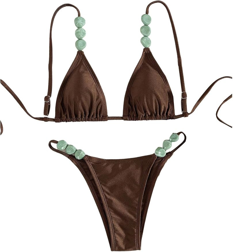 OYOANGLE Women's Triangle Thong Beaded Bikini Set 2 Piece String High Cut Swimsuits Bathing Suits | Amazon (US)