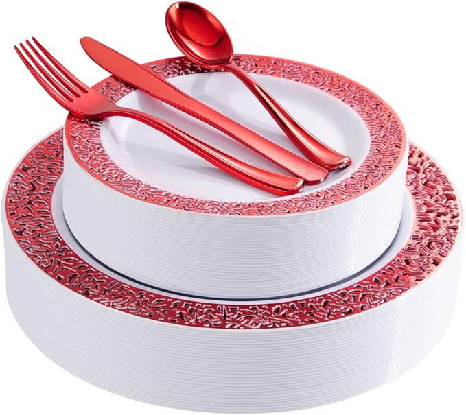 U-QE 150PCS Red Plastic Plates with Red Plastic Silverware, Red Disposable Plates for 30 Guests I... | Amazon (US)