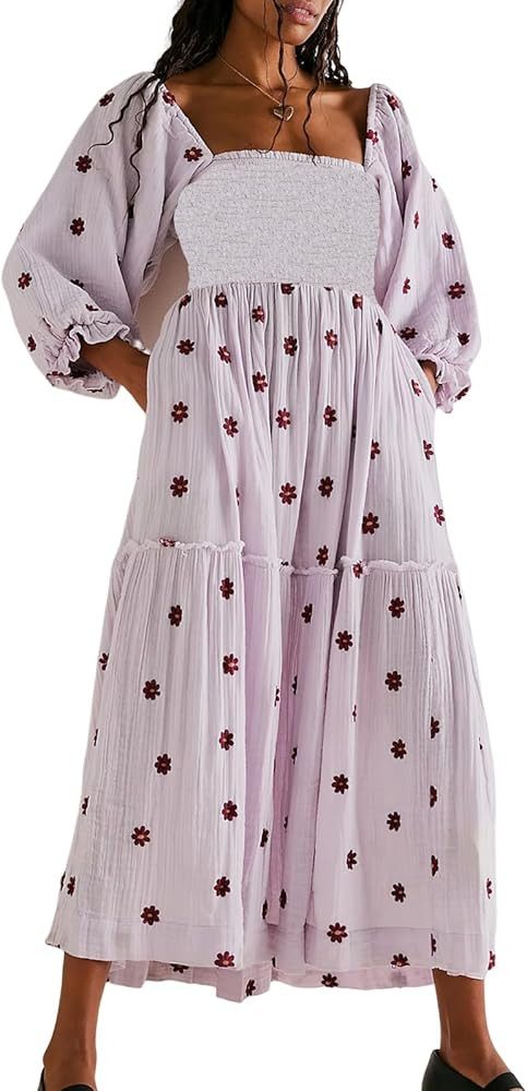 Womens Puff Sleeve Dress Cottagecore Floral Print Flowy Square Neck Maxi Dresses Smocked Tiered Ruff | Amazon (US)