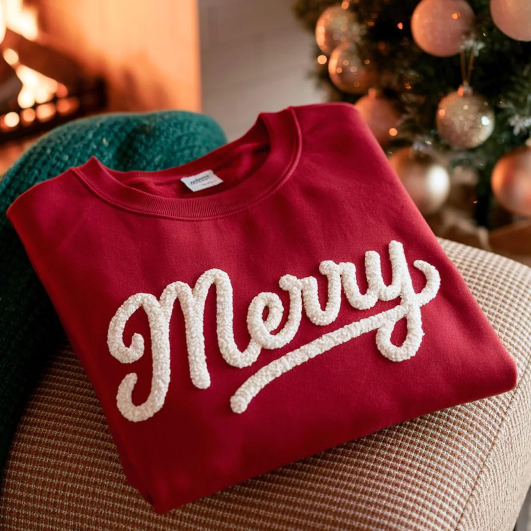 Merry Christmas Chenille Yarn Embroidered Sweatshirt, Christian Embroidery Shirt, Holiday Xmas Gi... | Etsy (US)