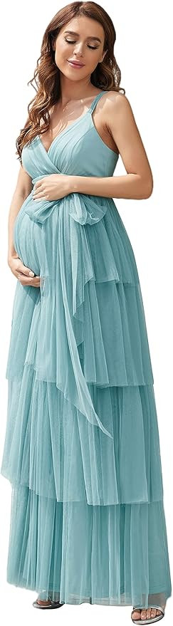 Ever-Pretty Women's V-Neck Bow Sash Tassel Tulle Maternity Evening Party Dress 20794-EY | Amazon (US)