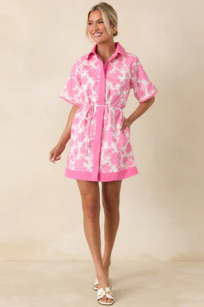 Pretty Impressive Pink & Ivory Floral Cotton Linen Mini Shirt Dress | Red Dress