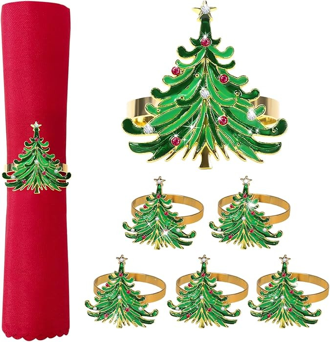 Christmas Napkin Rings - Xmas Tree Napkin Holder Rings with Red White Rhinestone for Christmas Ho... | Amazon (US)