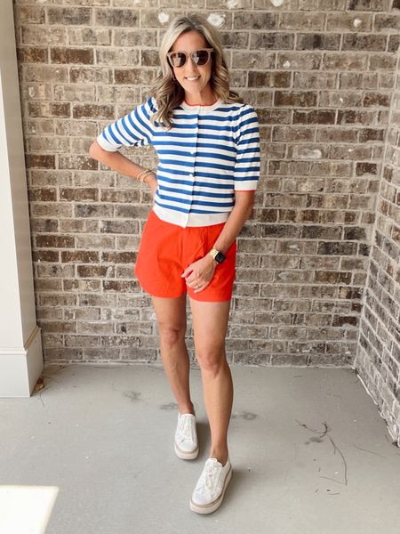 Walmart striped puff sleeve button up sweater - size small $20 
High rise trouser shorts - $20 

#LTKActive #LTKFindsUnder50 #LTKOver40