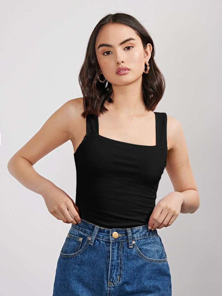 evoluSHEIN Solid Rib-knit Tank Top | SHEIN