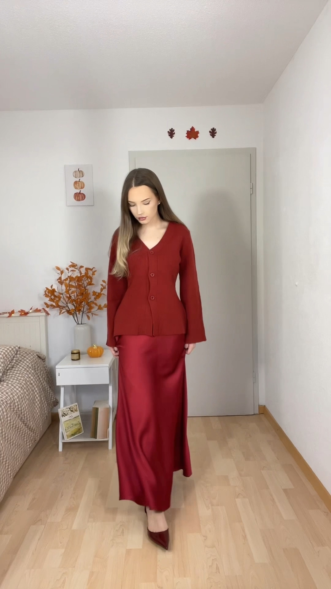 fall outfit modest red satin maxi skirt with red cardigan also great for christmas 

#LTKootd #LTKStyleTip #LTKgrwm