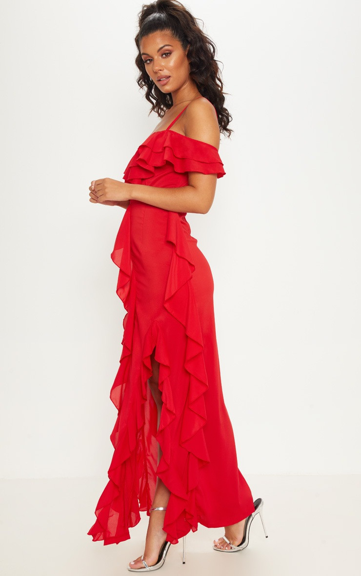 Red Cold Shoulder Ruffle Detail Maxi Dress | PrettyLittleThing US