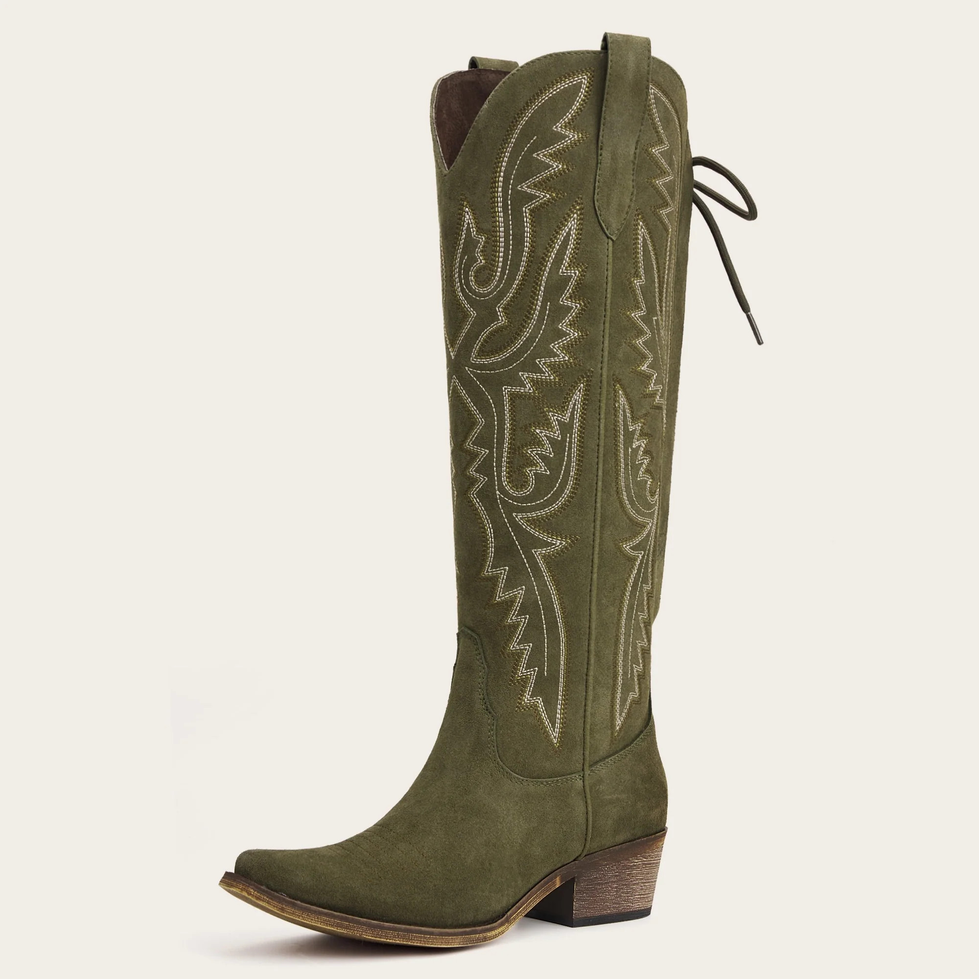 The Withersteen - Olive Suede Wide Calf Cowgirl Boots with Bold Embroidery and Lace-Up Back | REDTOP
