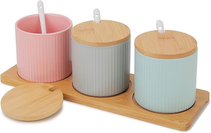 Ceramic Condiment Jars Set with Lids Spoons and a Wooden Tray Chase Chic Condiment Pots Set Seasonin | Amazon (US)