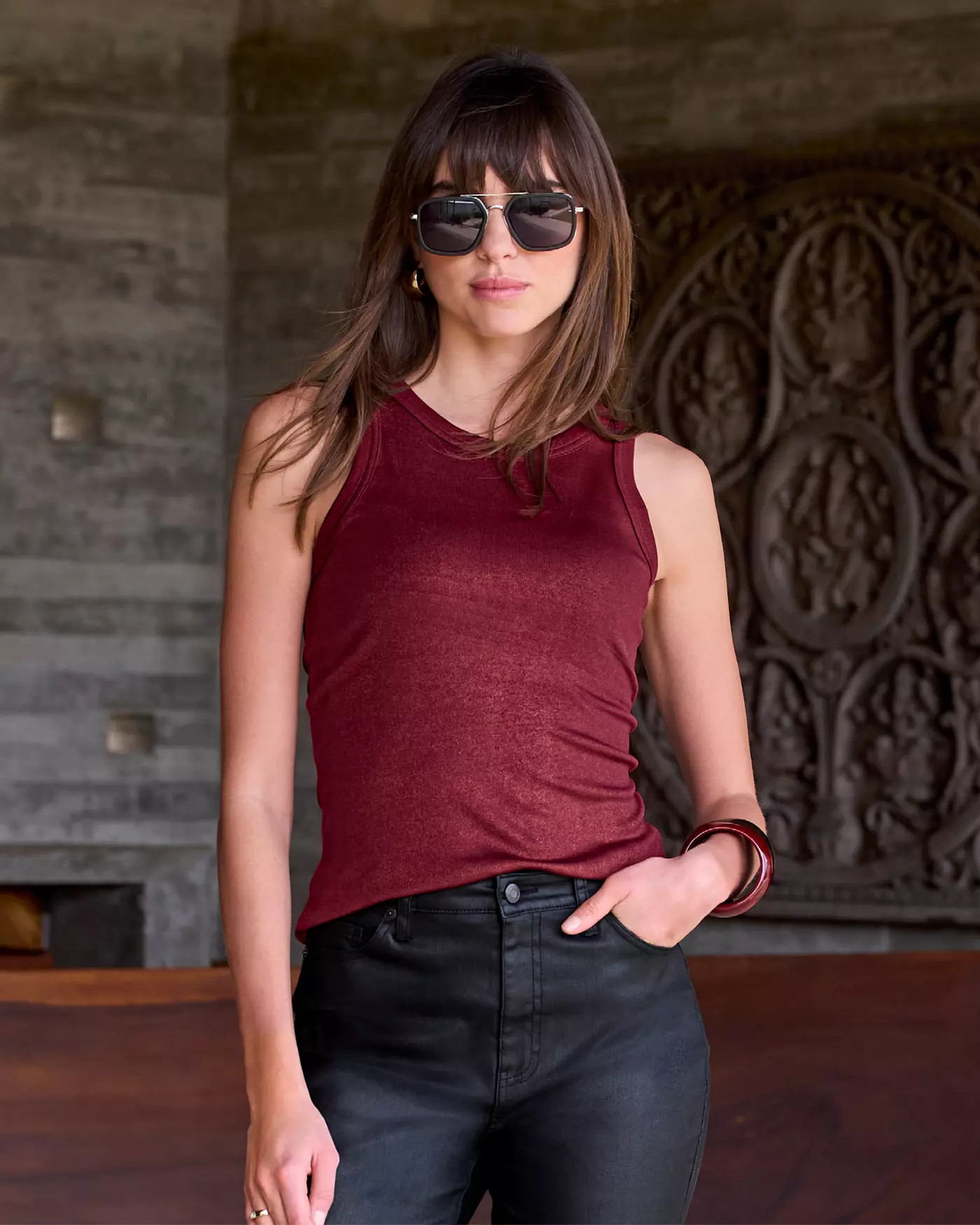 So Essential Metallic Ribbed High Neck Tank - Black Cherry | Boston Proper | Boston Proper