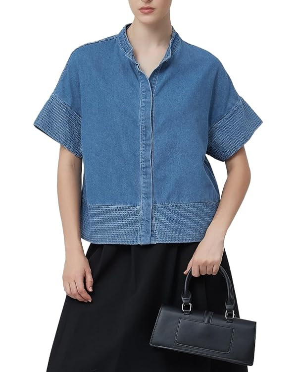 D-Sun Women Denim Shirts Short Sleeve Summer Button Down Denim Tops Business Casual Loose Jean Bl... | Amazon (US)