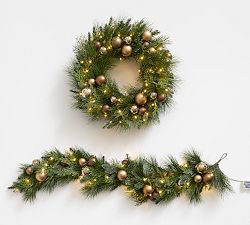 Faux Metallic Ornament Pine Wreath &amp; Garland | Pottery Barn (US)