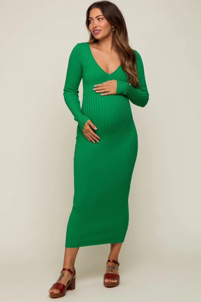 Green V-Neck Long Sleeve Fitted Maternity Maxi Dress | PinkBlush Maternity