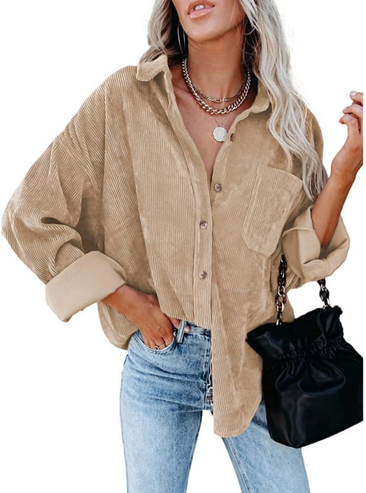 Costaric Womens Casual Corduroy Button Down Shirt Boyfriend Long Sleeve Oversized Flannel Blouse ... | Amazon (US)