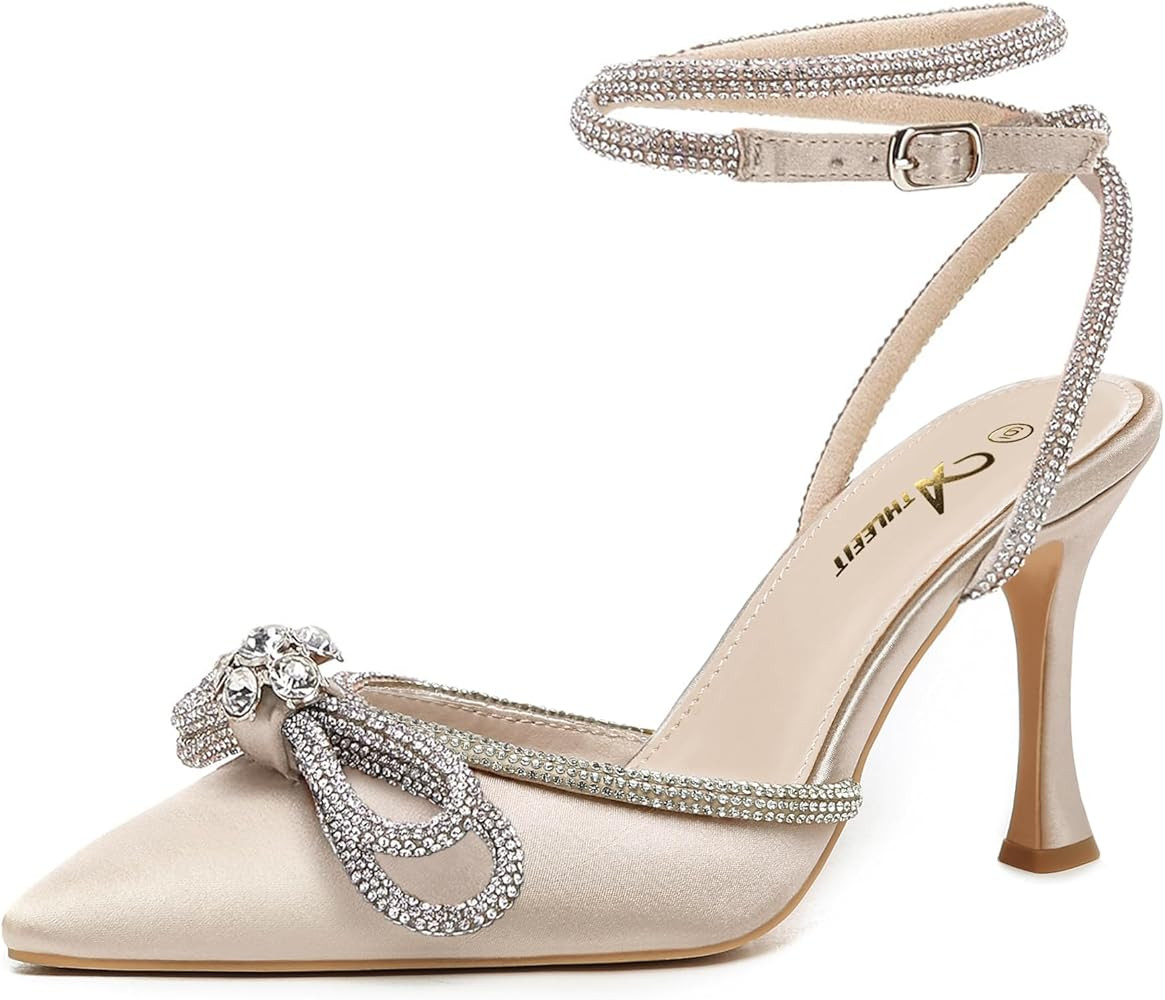Athlefit Women's Rhinestone Bow Heels Ankle Strap Pointed Toe Stiletto Heeled Sandals Wedding Bri... | Amazon (US)