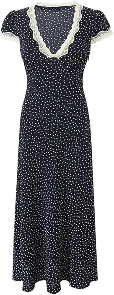 Women Navy Blue Polka Dot Lace Trim V Neck Short Sleeve A-line Elegant Long Maxi Dress | Amazon (US)