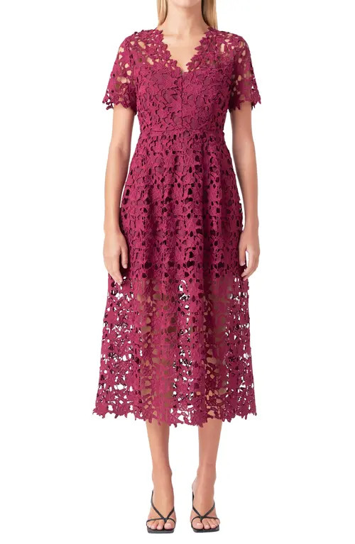 Endless Rose Allover Lace Midi Dress in Bordeaux Pink at Nordstrom, Size X-Small | Nordstrom