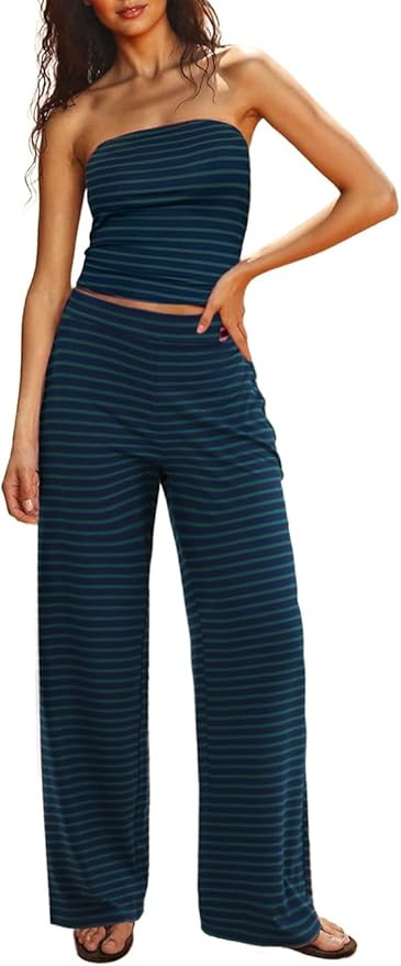 Two Piece Sets For Women Summer Outfits Lounge Sets Striped Tube Top And Pants Matching Sets Beac... | Amazon (US)