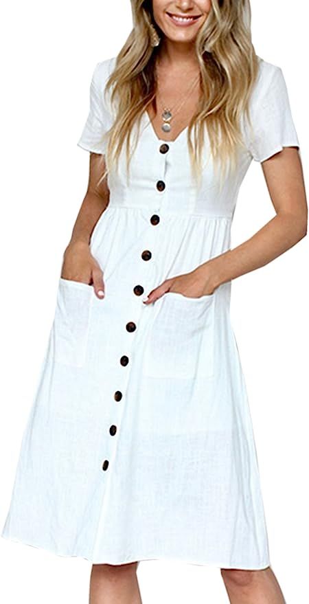 Angashion Women's Dresses-Short Sleeve V Neck Button Decoration T Shirt Midi Skater Dress with Po... | Amazon (US)