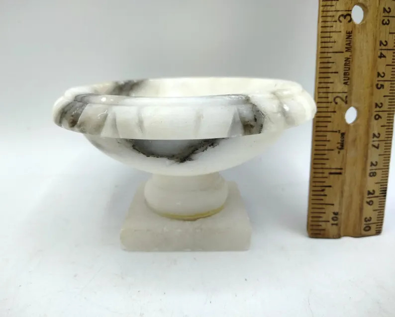 Alabaster Bird Bath 2.12hx3.5w, Vintage Hand Carved Stone Pedestal Bowl, No Doves, White W/ Black... | Etsy (US)