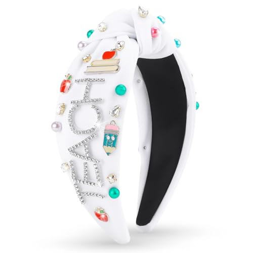 MOSOTECH Teacher Headbands for Women - Back to School Teachers Outfits, Teacher Appreciation Gift Embellished Jeweled Pearl Pencil Book Apple Knotted Headband, School Hair Accessories (White) | Amazon (US)
